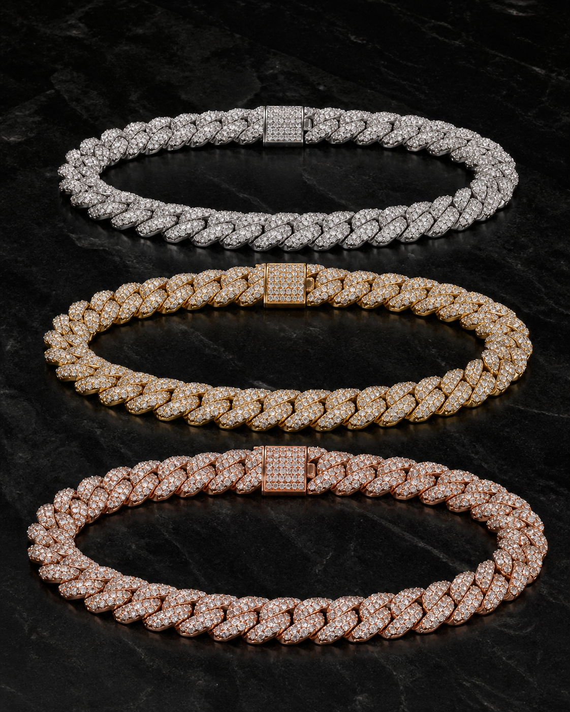 Bracelets Cuban Orix en or blanc, jaune et rose sertis de diamants naturels